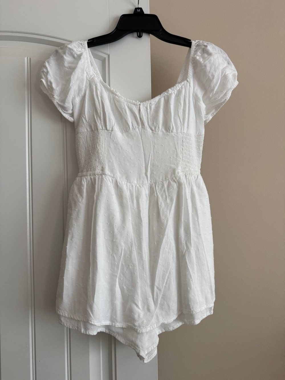 Anthropologie White Puff-Sleeve Smocked romper dress SMALL